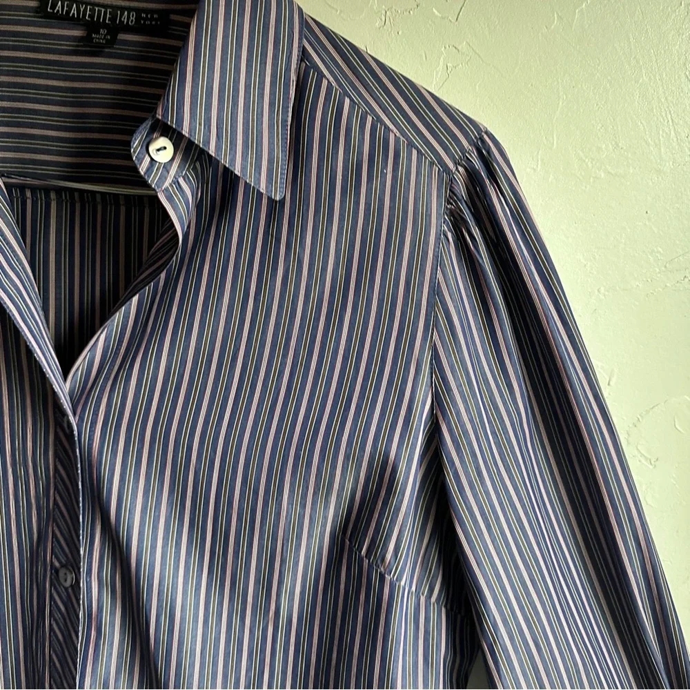 Lafayette 148‎ Women’s Button Down Shirt Blue and Red Pinstripes Open Top Sz 10 - Picture 4 of 15